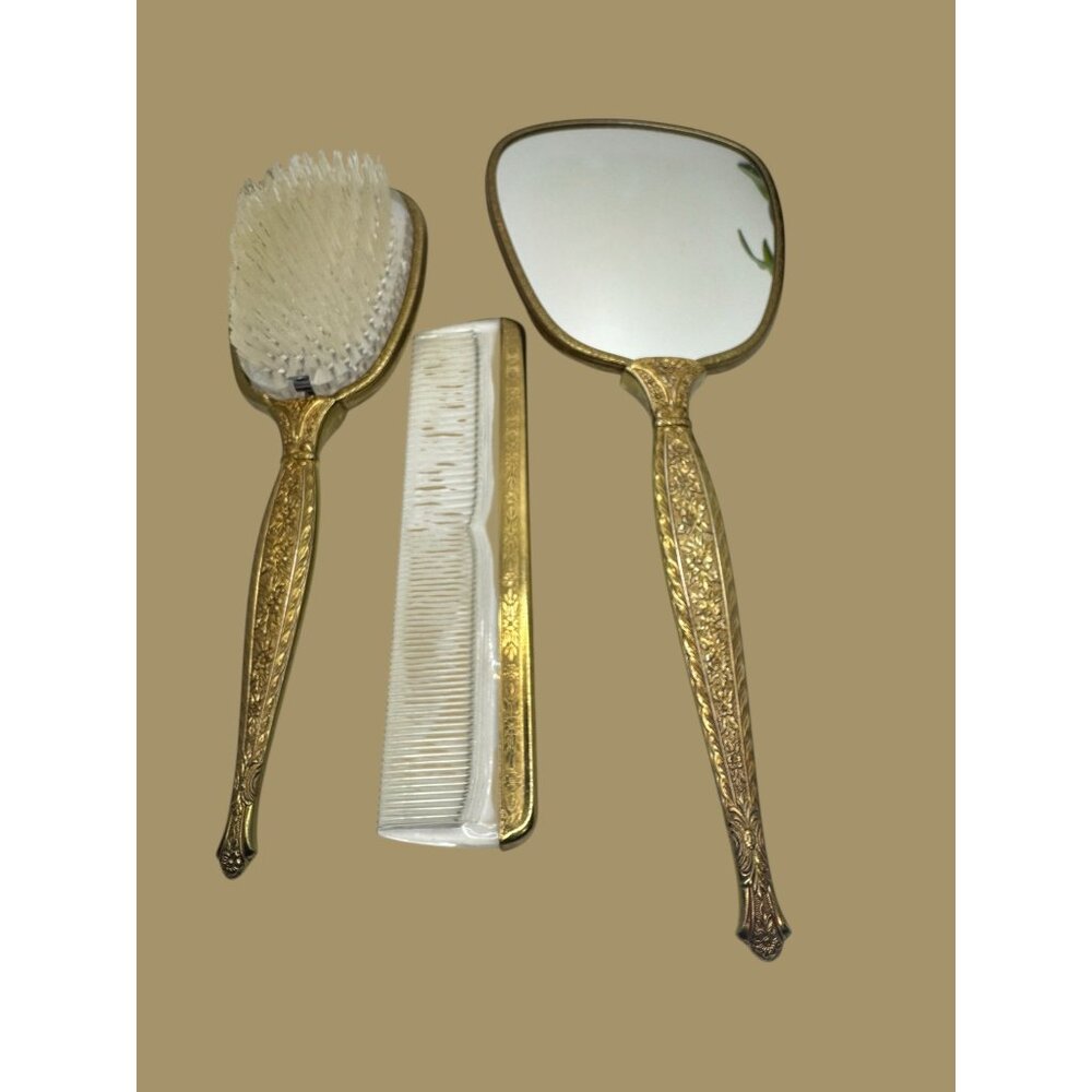 Vintage Matson Filigree Gold Vanity 3-Piece Set With Brush Comb & Hand Mirror